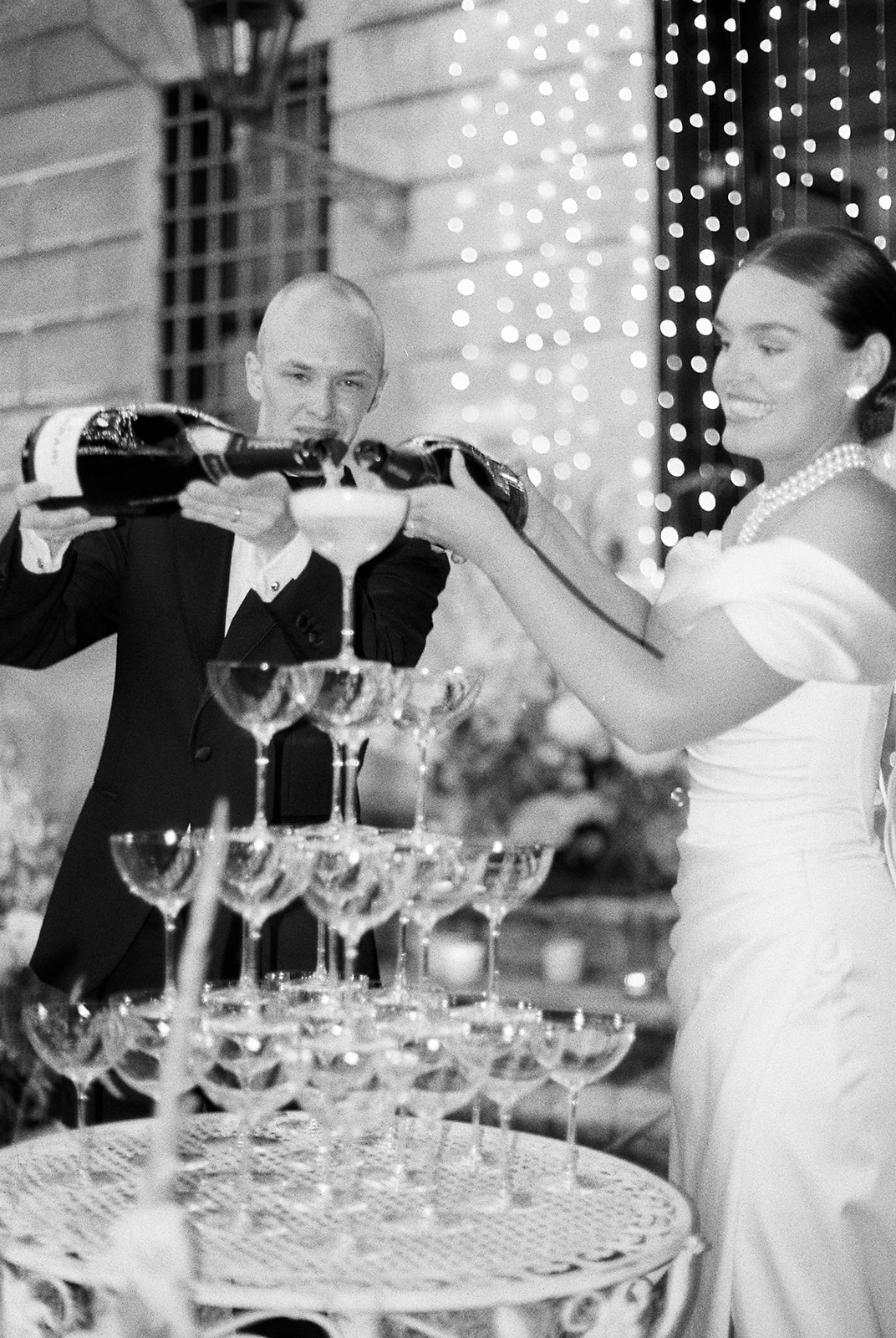Champaign tower bride and groom